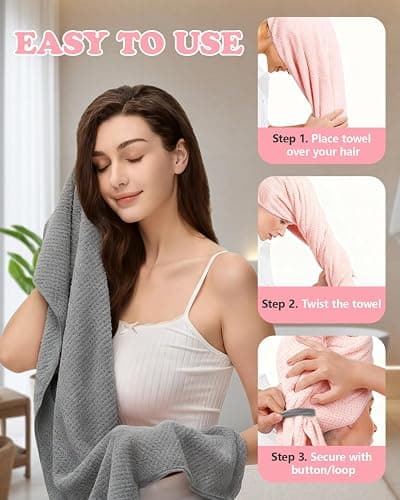 FUFUSING Plush Microfiber Hair Towel Wrap for Women, Extra Large 24×39 in Absorbent Quick Dry Turban for Curly Hair, Super Soft Anti-Frizz Drying Towel, 2-Pack thumbnail 6