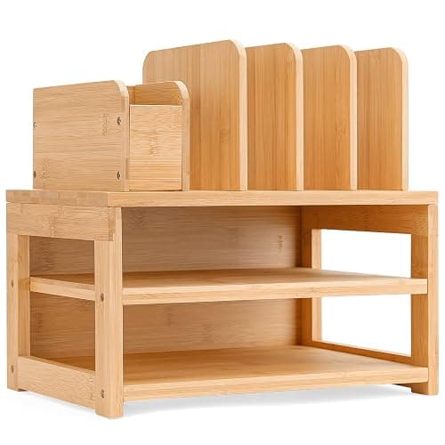 Homde Bamboo Desk Organizer with File Holder, Office Organization for Desks with Adjustable Pen Holding, Desktop Letter Paper Tray Storage for Workplace Home School (3-Tier,Natural) - Image 1