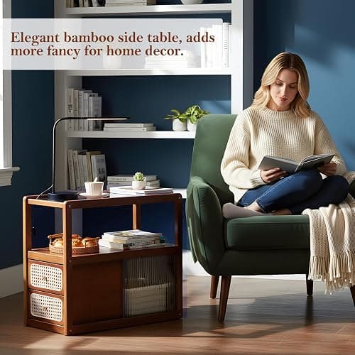 Tiita Rattan Nightstand Side Table, Bamboo Accent Bedside Tables, Glass Coffee Tables, Boho Wooden End Table with Storage for Small Space, Living Room and Bedroom thumbnail 3