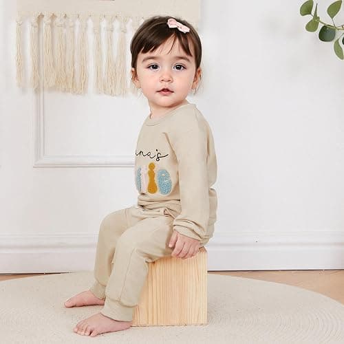 Kupretty Toddler Baby Girl Fall Winter Clothes Embroidered Letter Graphic Crewneck Sweatshirt + Joggers Pants Outfits Set thumbnail 2