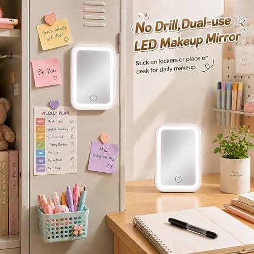 Gosodeny White Locker Light up Mirror Magnetic Makeup Mirror Dimmable Touch Screen School Locker Accessories for Girls Back to School Essential Organizer Supply for Daily Makeup Grooming thumbnail 7