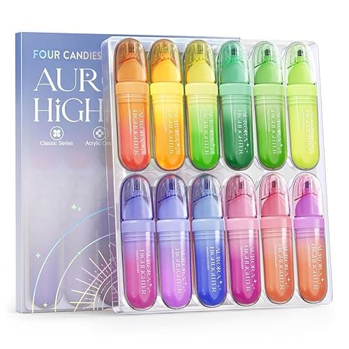 Four Candies 12 Pcs Highlighters Assorted Colors, Cute Pastel Highlighter Set, Dry Quickly, Soft Chisel Tip, Assorted Colors Bible Highlighter for No Bleed, Aesthetic Highlighters for School, Office - 12