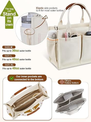 FIORETTO Womens Canvas Tote Bag Purse with Individual Compartment, Zipper Top, Reinforced Bottom & Luggage Sleeve thumbnail 8