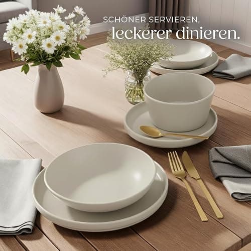 tectake® 24-tlg. Geschirrset, Tafelservice 6 Personen, Steingut Geschirr Set, Teller Set mit Schalen, Speiseteller, Frühstücksteller, tiefe Teller und Schüsseln - taupe thumbnail 8