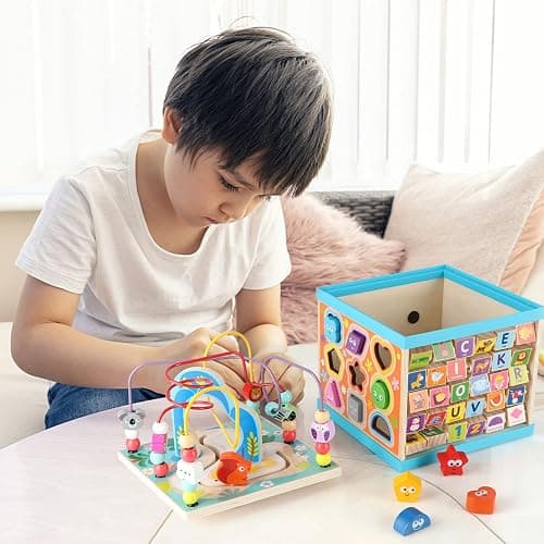Qilay Wooden Activity Cube for Toddlers 1-3 (Large), 5 in 1 Multipurpose ABC-123 Abacus Bead Maze Shape Sorter | Early Educational Toy for Toddlers - First Birthday Present for Boys Girls thumbnail 7