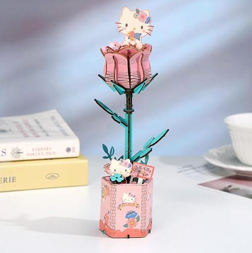 Hands Craft Hello Kitty and Friends Pink Rose 3D Wooden Puzzle Kit | DIY Flower Model | Arts & Crafts for Adults & Kids | Creative Hobby Kits | Hello Kitty Collectible | Wood Building Set thumbnail 2