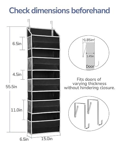 ULG 1 Pack Over The Door Organizer – 5 Shelf Door Organizer Hanging & 10 Side Pockets, Reinforced 44LB Capacity Hanging Organizer, Behind The Door Storage for Bedroom, Nursery, Pantry (Black) - Black - 1 Pack thumbnail 2