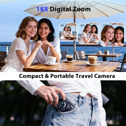 4K Digital Cameras for Photography, Compact Vlogging Camera with Flip Screen, 18X Digital Zoom YouTube Camera, Ideal for Bignners Boys Girls Black thumbnail 3