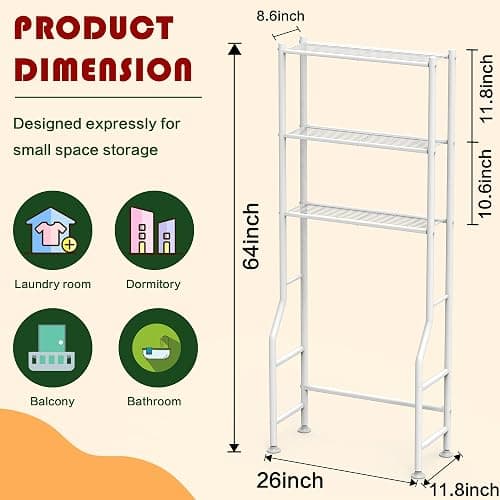 GloTika 3-Tier Over Toilet Storage Rack, Metal Over Toilet Bathroom Organizer Shelf, Freestanding Space Saver Storage Shelves for Bathroom/Laundry/Living Room (White) thumbnail 2