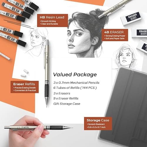 Nicpro 0.7 mm Art Mechanical Pencil Set in Storage Case, 3 PCS Metal Drafting Pencil Lead Pencil with 6 Tube HB Lead Refills, 3 Erasers, 9 PCS Eraser Refills for Artist Writing, Drawing, Sketching thumbnail 4