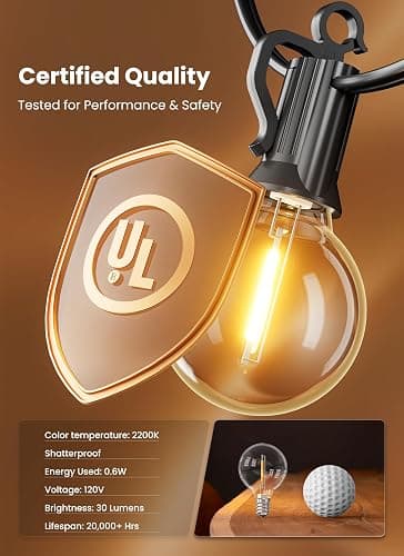 Outdoor String Lights 25 Feet G40 LED Patio Lights, Plug-in, 13 Plastic Edison Bulbs(1 Spare), Waterproof Connectable Hanging Light for Backyard Porch Balcony Party Decor, E12 Base, Black thumbnail 8