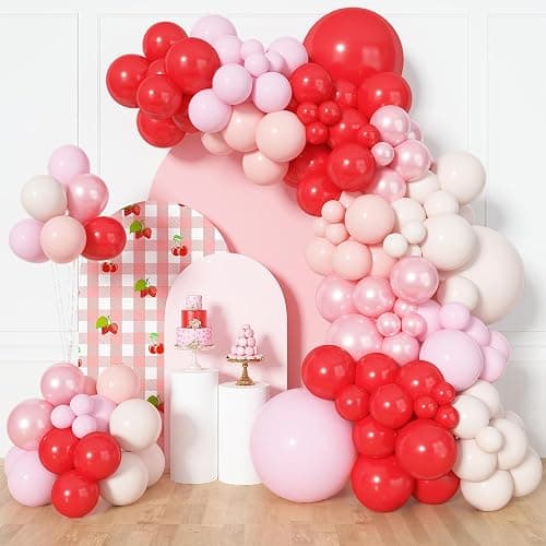 Amandir 153pcs Red and Pink Balloons Arch Garland Kit, Different Sizes 18 12 10 5 inch Strawberry Cherry Pastel Pearl Light Pink Balloon Sweet One Shower Berry First Birthday Summer Party Decorations - Image 1
