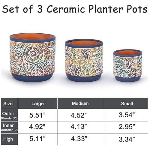 DeeCoo 3 Piece Ceramic Plant pots Indoor Pots Set with Drainage Holes, 5.7/4.7/3.5/inch, Modern Decorative pots Outdoor Plants Lilies, Cacti, Succulents, Snakes, and Bamboo (Blue) - Blue,red thumbnail 3