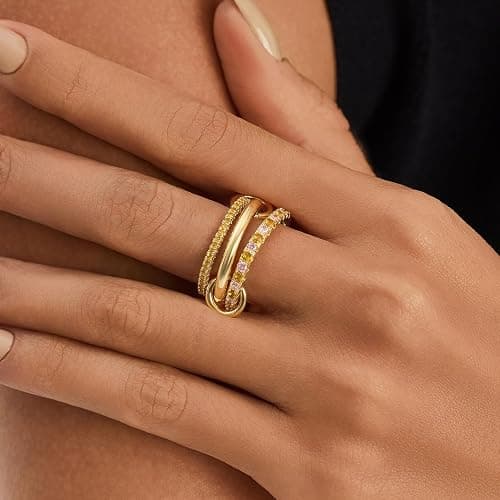 Cicy Bell Interlocking Ring for Women 18k Gold Plated CZ Stack Ring Set thumbnail 2