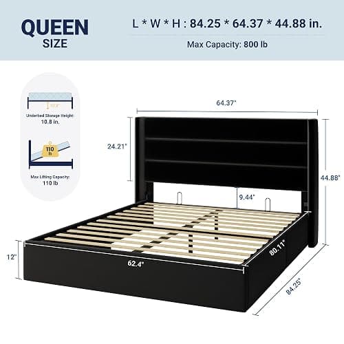 Allewie Queen Size Velvet Lift Up Storage Bed, Modern Wingback Headboard, Hydraulic Support, No Box Spring Needed, Black thumbnail 2