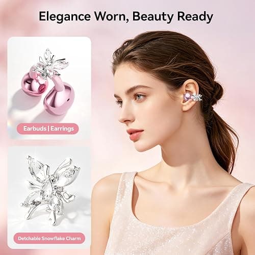 WUYUEGE Clip On Earbuds with Detachable Butterfly Earrings & LED Makeup Mirror Case, Wireless Earbuds Bluetooth 6.0, Air Conduction Headphones, Lightweight for Travel Work Daily Use,Great Gift Choice thumbnail 2