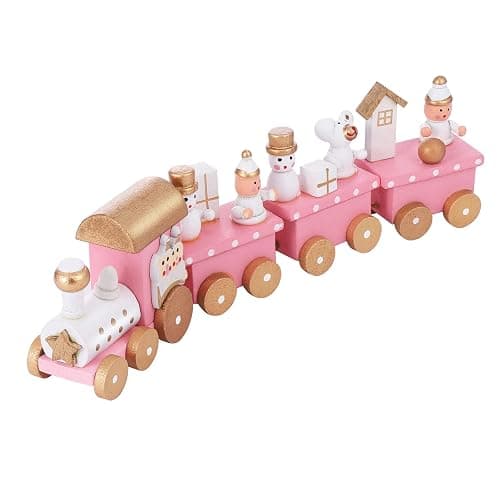 NUOBESTY Winter Wonderland Wooden Mini Train Set for Christmas Party Decorations Under Tree Pink - Image 1