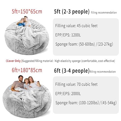 YudouTech (No Filler Bean Bag Chair Cover Without Filler,Big Round Soft Fluffy PV Velvet Washable Bean Bag Lazy Sofa Bed Cover for Adults,Living Room Bedroom Furniture Outside,5ft Black thumbnail 4