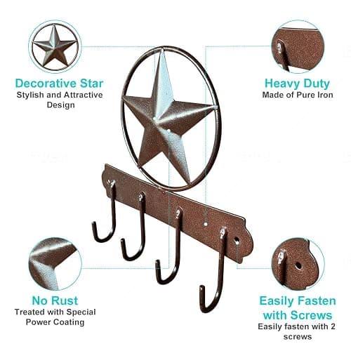 EcoRise Brown Texas Country Western Star Key Holder - Rustic Wall Decor Key Hanger for Home, Heavy Duty Iron, 4 Hooks thumbnail 5
