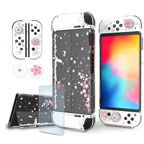 Cute Switch OLED Case – Dockable Glitter Clear Protective Cover with Cherry Blossom Design, Tempered Glass Screen Protector & Thumb Grips for Nintendo Switch OLED - Image 1