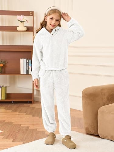 Haloumoning Girls 2 Piece Outfits Kids Fuzzy Bear Ear Hoodies Pullover Sweatshirt and Sweatpants Cute Clothing Sets thumbnail 3