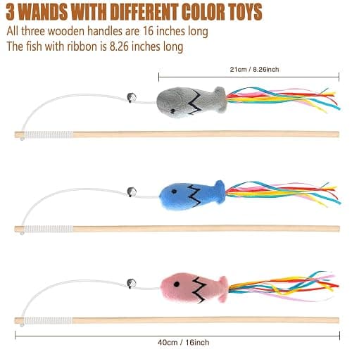 Natural Wood Cat Wand Toy with Ribbon Fish Teaser - 3pcs, 16 Inch, Indoor Cat Exerciser & Playing Kitten Toy, Bonus 5pcs Catnip Sticks for Teeth Cleaning thumbnail 2
