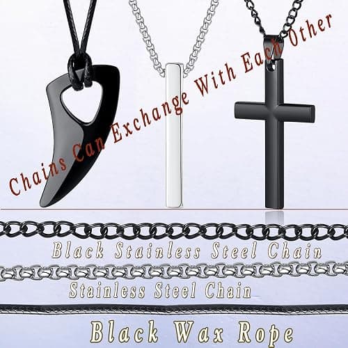 MAIBAOTA 8 Pcs Necklace for Men, Mens Necklaces Jewelry Set, Black and Silver Stainless Steel Necklace, Cross Pendant Necklace, 16-24 inches Chain thumbnail 6