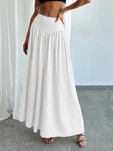 Milumia Women's Pleated Flowy Long Skirts High Waist Maxi Skirt with Pocket | Drop Waist Skirts, Boho, Ankle Length, Beach Cover Up, Vacation, Summer Fall, A-Line Skirt thumbnail 3