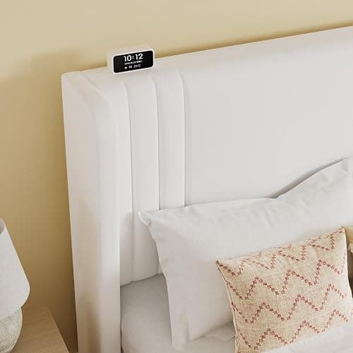 SHA CERLIN Full Size Velvet Upholstered Platform Bed Frame with Vertical Channel Tufted Wingback Headboard, Wooden Slats Support, Easy Assembly, Under Bed Storage, No Box Spring Required, White thumbnail 4