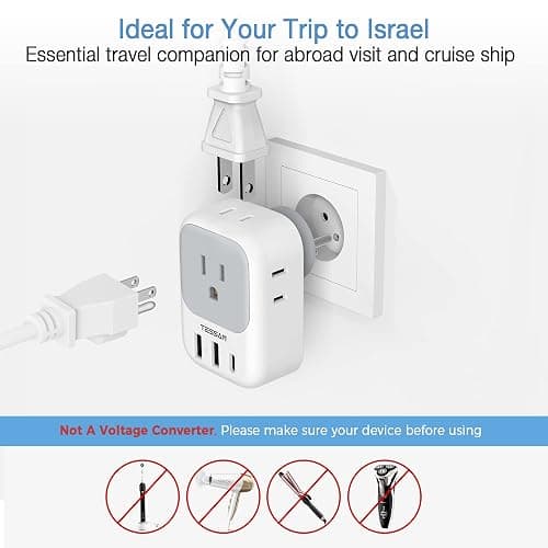 TESSAN US to Israel Plug Adapter, Type H Travel Adaptor | 4 American Outlets,3 USB Charger (1 USB‑C), Ideal for Jerusalem thumbnail 5