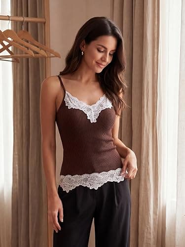 Fourluoo Women's Long Lace Tank Tops lace Camisole Patchwork Tops for Women thumbnail 2