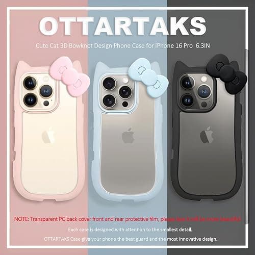 OTTARTAKS Compatible with iPhone 16 Pro Case Cute 3D Bow for Women Girls, Kawii Cat Ear Kitty Design Soft Silicone and Clear Hard Shockproof Blue Phone Case for iPhone 16 Pro 6.3inch thumbnail 6