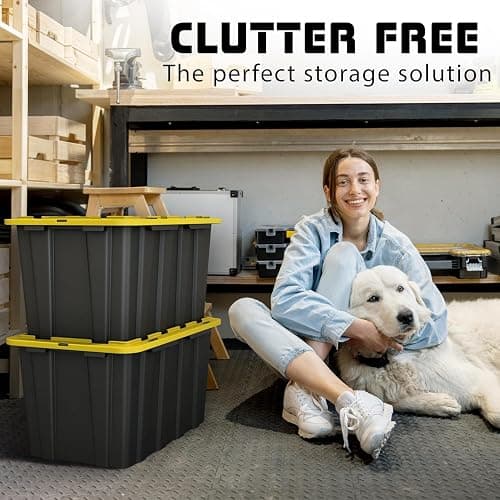 4 PACK Large Black & Yellow Storage Bins | Plastic Tote Organizing Container with Secure Latching Lids, Stackable, Extra Strength with Built in Handle | Black and Yellow Bins | 24.5" x 16.5" x 13.5" thumbnail 2