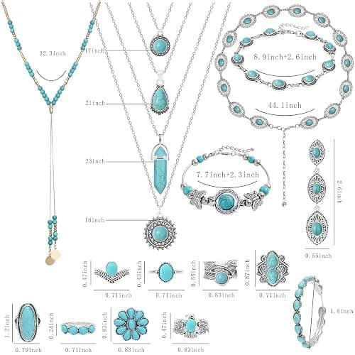 NEWITIN 20 Pieces Silver Bohemian Jewelry Set for Women Fashion Costume Jewels Turquoise Necklace Bracelet Ring Earrings Western Turquoise Jewelry Set for Women thumbnail 2