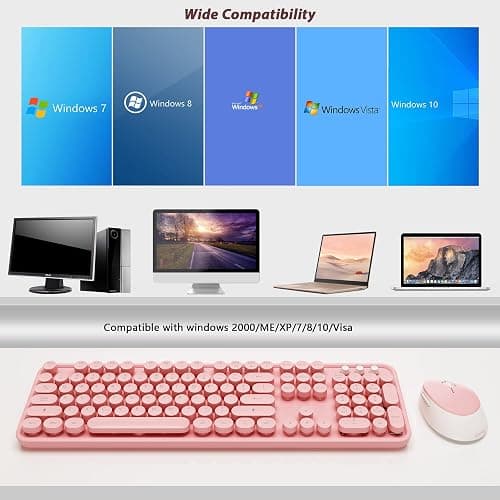 Kootop Wireless Keyboard, Cute Colorful 104 Keys Typewriter Retro Round Keycaps Keyboard for PC Laptop,Desktop,Windows, Home and Office Keyboards (Pink) thumbnail 7