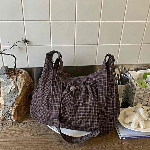 Plaid Crossbody Bags, Slouchy Hobo Crossbody Bag, Cute Messenger Bag, Nylon Crescent Crossbody Purse, Trendy Everyday Purse thumbnail 7