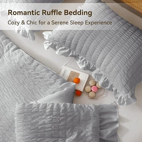 JOLLYVOGUE Light Grey Comforter Full Size, 3 Pieces Seersucker Lightweight Full Size Bedding, All Season Fluffy Microfiber Bedding Comforter Set with 1 Ruffle Comforter and 2 Ruffle Pillowshams thumbnail 5