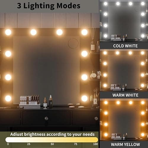 11 Dawers Vanity Desk, Makeup Vanity with Power Outlet, Glass Top Vanity with Mirror and Lights, 3 Colors Adjustable, Vanity Set with 4 Shelves and Fold-up Panel, Vanity with Chair for Bedroom, Black thumbnail 4