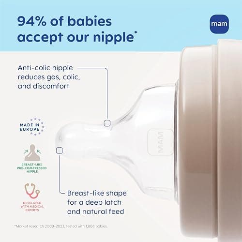 MAM 4.5oz Easy Start Anti-Colic+ Wide Neck Vented Baby Bottle, Extra Slow Flow Breastfeeding-Like Silicone Nipple, Reduces Colic, Gas & Reflux, Easy Clean, BPA Free, 0+ Months, Made in Europe, Boy thumbnail 4