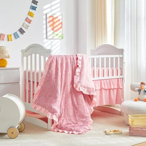Mini Crib Bedding Set 3 Pieces Baby Boho Quilted Tufted Ruffles Comforter with Fitted Sheet and Ruffled Bed Skirt - Cute Shabby Baby Bedding Fits Mini Crib Only Pink thumbnail 3