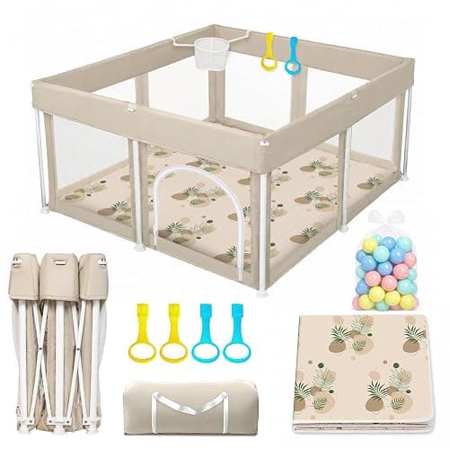 Foldable Baby Playpen with 4 Handle Rings, 30 Ocean Balls, Net Basket and Mat, 50"x50" Portable Collapsible Play Yard for Indoor and Outdoor Use - Image 1