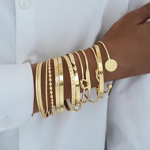 FAXHION Gold Bangle Bracelets for Women, 14 Pcs Multi Layer Stackable Bangle Set, 14K Gold Plated Textured Chunky Bracelets Boho Jewelrys Set thumbnail 8