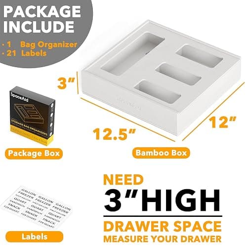 SpaceAid Bag Storage Organizer for Kitchen Drawer, Bamboo Organizer, Compatible with Gallon, Quart, Sandwich and Snack Variety Size Bag (1 Box 4 Slots), White thumbnail 2