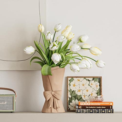 Relexome Beige Ceramic Bow Vase 9.64 in Unique Cute Modern Decorative Bouquet Flower Vases for Home Living Room Table Decor Women Girl Gifts thumbnail 5