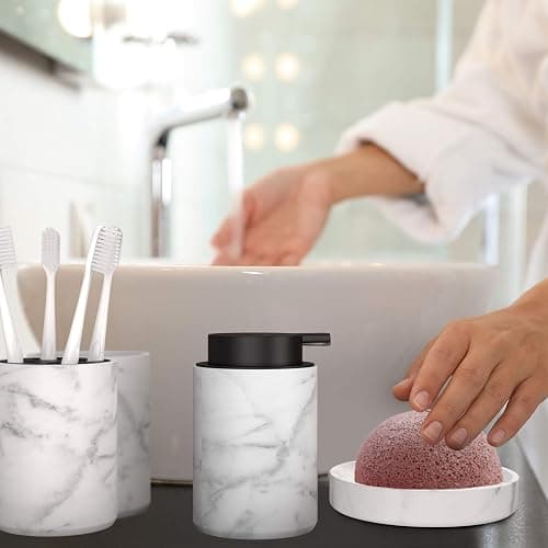 bonVIVO Bathroom Accessories Set – 4-Piece Marble Look Bathroom Set with Soap Dish, Dispenser Pump, Toothbrush Holder & Tumbler – Luxury Bathroom Accessory Set Black/Marble Finish thumbnail 6