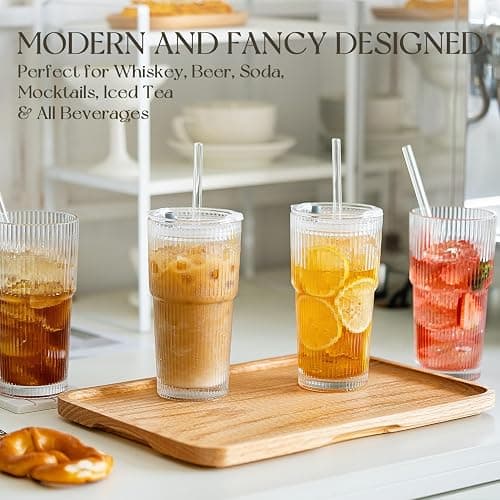 KEMORELA 2-Pack 20 oz Ribbed Glass Tumblers with Lids and Glass Straws – Vintage Iced Coffee Cups, Reusable Smoothie & Cocktail Drinking Glasses, Clear Glassware for Home or Cafe thumbnail 3