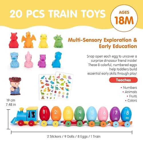 hahaland Toddler Learning Toys for 2 3 Year Old – Montessori Counting Matching Train Set with 8 Dinosaurs & Sorting Easter Eggs, Dino Stickers Toddler Toys for Kids 1-3 Years Easter Basket Stuffers thumbnail 7