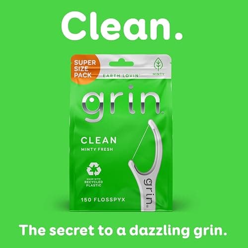 GRIN Clean Flosspyx, Floss Picks, 150 Count, Dental Flossers, Minty Flavor, Recycled Plastic, Super Strong Fine Floss, Tight Teeth, Premium Longer Floss Head, Includes Safe Fold-Back Tooth Pick thumbnail 5