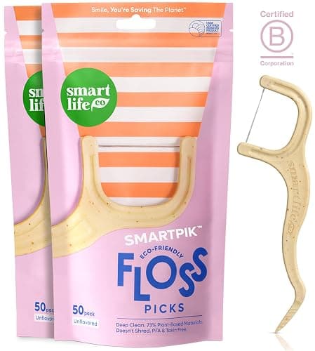 SmartLifeco Eco-Friendly Dental Floss Picks (100ct) - Flossers Made With Straw Wheat Blend, Strong Anti-Shred Thread For Tight Gaps, Tooth Pick Stick For Adults, Soft on Gum & Teeth, Vegan, Unflavored - Image 1
