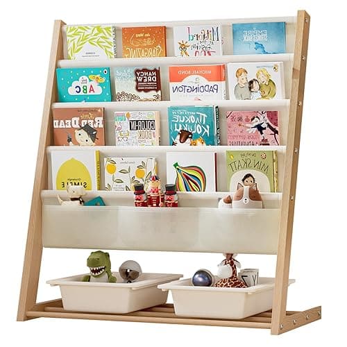 Kids Bookcase, Kids Bookshelf 4 Sling Book Rack and 3 Toys Organizer Shelves Sided Book Display with Storage Classroom Bookshelf 4 Tier Beige